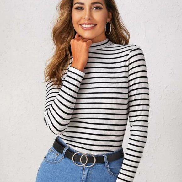 Mock-Neck Rib-Knit Fitted Striped Long-Sleeve - Picture 2 of 3